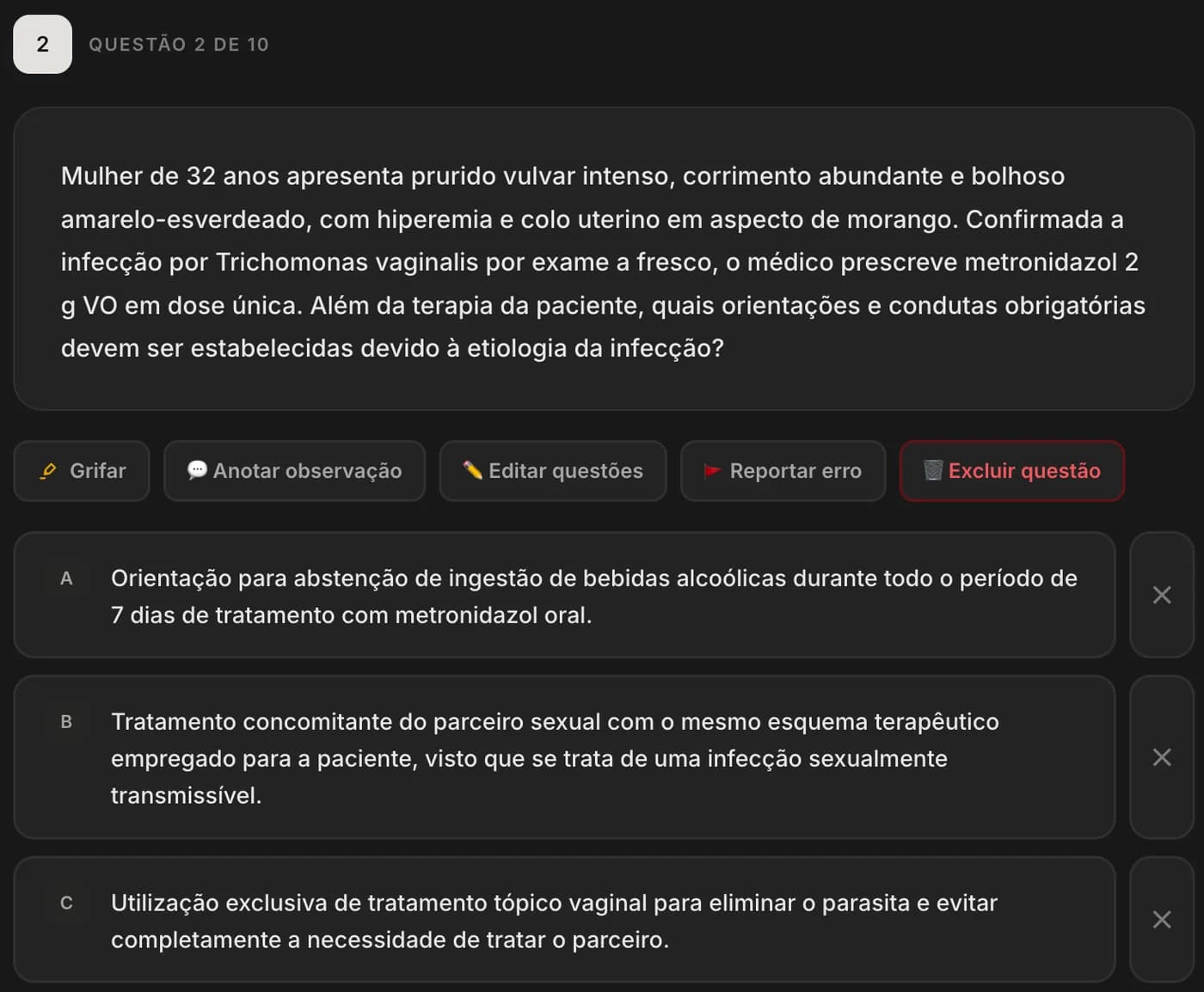 Questão de simulado com comentário e botões de dificuldade