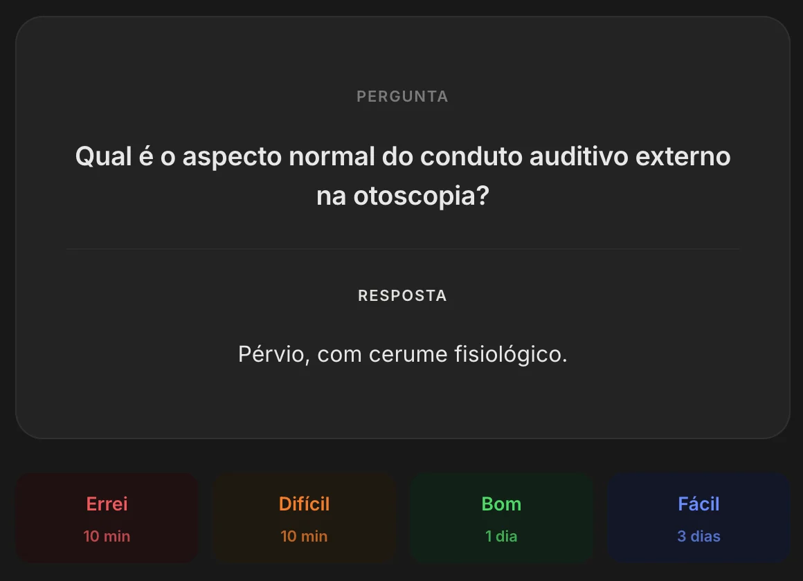 Revisão de flashcard com botões Errei, Difícil, Bom e Fácil